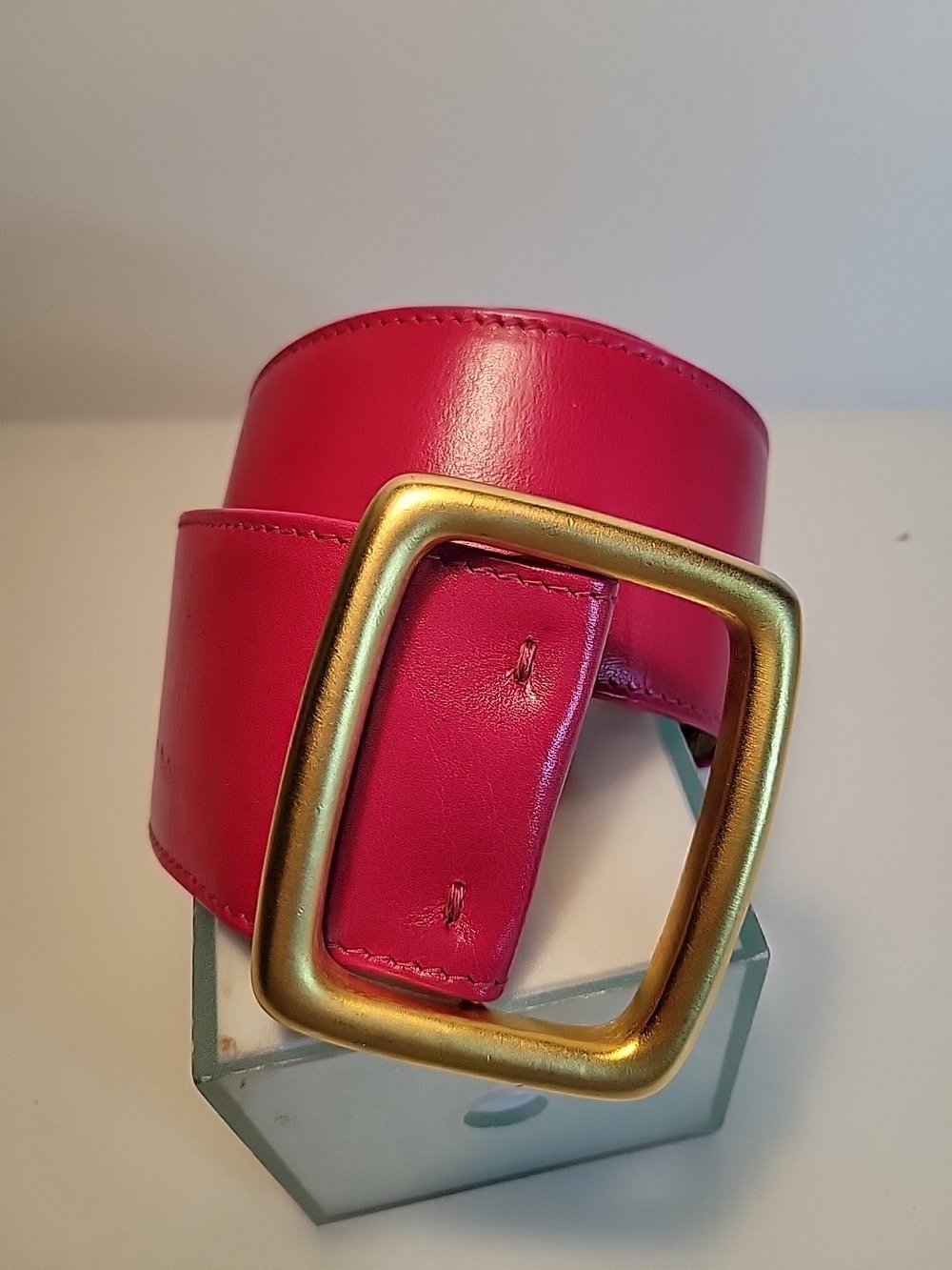 Anne Klein Calderon Wide Hot Pink  Leather Belt with Gold Square Buckle